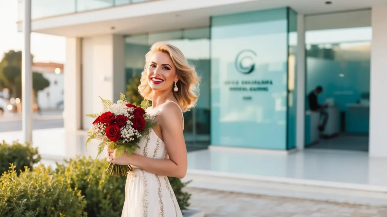 Smiling bride outside Teeth Plus dental clinic in Marmaris - Marmaris Dentist and Dental Tourism in Turkey