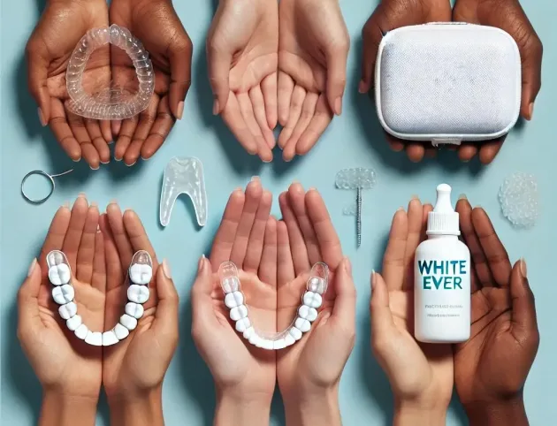 Diverse hands holding various dental care items, including a clear aligner, a dental care case, and a whitening solution labeled ‘WHITE EVER’, set against a light blue background. This image highlights the comprehensive dental care offered by TeethPlus, your trusted dental clinic in Marmaris, and the expertise of our Marmaris dentist.